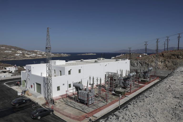 A general view of the electric power substation on the Aegean island of Mykonos, July 3, 2018 .