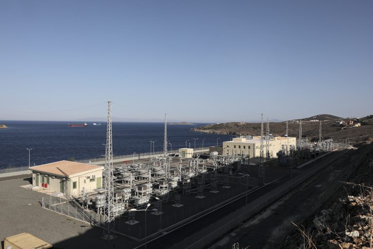 A general view of the electric power substation on the Aegean island of Syros, July 3, 2018 .